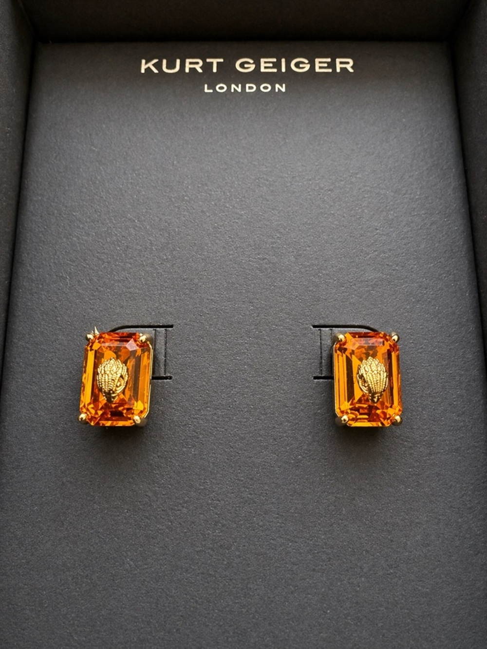 Kurt Geiger Gold-Tone Amber Crystal Rectangular Stud Earrings